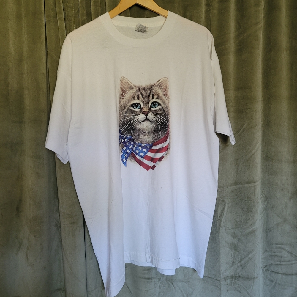 y2k Preppy Coastal Americana Dadcore Bloke Oversized USA Kitty Cat Flag Tshirt